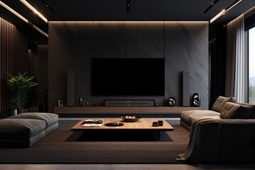 Living room of a luxury apartment with dark interior design