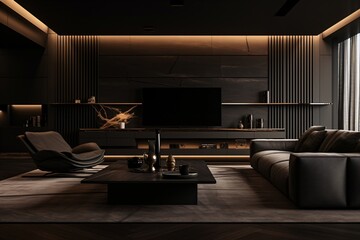 Living room of a luxury apartment with dark interior design