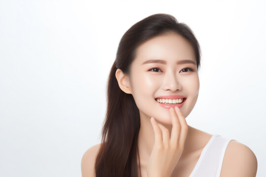 A photo portrait of a beautiful asian woman over 30 years old, smiling with clean teeth, perfect teeth. To advertise dentistry. Highlighted on a white background, copy space