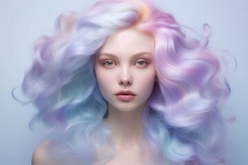 Girl with blue hair, abstract background of soft transitions between lavender sky blue and mint green color