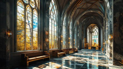 Interior of the Altar in an ultra-modern Catholic cathedral against the background of holographic stained glass windows