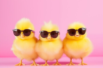 Drei gelbe lustige Entenküken mit schwarzen Sonnenbrillen isoliert vor rosa Hintergrund. Niedlicher Osterhintergrund - obrazy, fototapety, plakaty