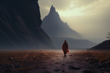 A lonely person walking alone on a planet