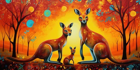 Raamstickers Landscape with kangaroo in decorative ethnic style. Australia culture art © Yuridabi