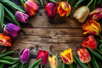 Colorful tulips as a frame on a wooden board with space for your text. 