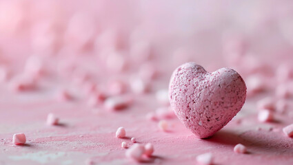 Fototapeta premium Two red hearts on pink background. Two heart-shaped object is located to the side, there is space for text.