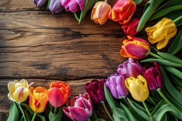 Colorful tulips on a wooden board.