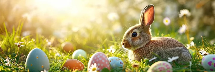 Crédence de cuisine en verre imprimé Prairie, marais Easter bunny in the grass with Easter eggs on a sunny spring day.