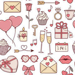 Valentines day seamless pattern. Romantic background with hearts, love and romantic date elements in doodle style