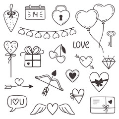 Set of Valentines day and love heart shaped doodles