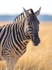 Fototapeta na wymiar Etosha National Park, Namibia - August 18, 2022: Close-up of a plains zebra with distinctive black and white stripes, set against the warm backdrop of golden savannah grasses