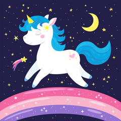 Cute little unicorn running on the rainbow on the background of the night sky with crescent and stars. Dreamy fantasy character in hand-drawn cartoon style. Vector illustration for greeting card