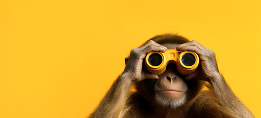 A cheerful monkey looks through binoculars on a yellow background. Banner, copyspace - obrazy, fototapety, plakaty