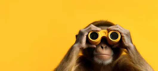 Poster A cheerful monkey looks through binoculars on a yellow background. Banner, copyspace © Daria17