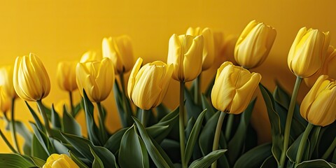 Naklejka premium Yellow tulips in front of a yellow background.