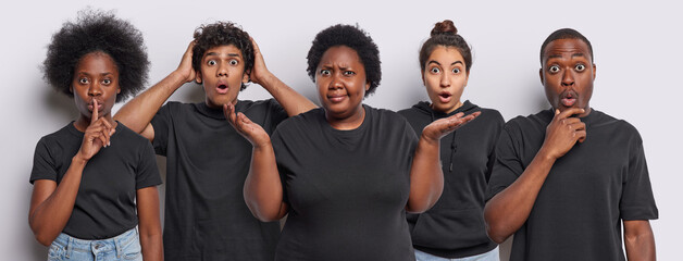 Collage of stunned surprised people react to something shocking feel impressed spread palms and stare with disbelief dressed in casual black t shirts isolated over white background. Human reactions - obrazy, fototapety, plakaty