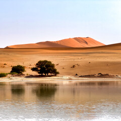 Sossusvlei, Namibia - August 24, 2022: A serene oasis in the desert, with a calm body of water reflecting the clear sky, nestled at the foot of the towering Big Mamma Dune.