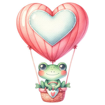 recommend clip art: Cute frog in a red heart-shaped hot air balloon, Watercolor, Isolated on transparent background. Generative AI
