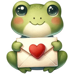 Fototapeta premium Cute frog a love letter, Happy Valentine's Day, Watercolor, Isolated on transparent background. Generative AI
