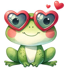 Cute frog with red heart-shaped glasses, Happy Valentine's Day, Watercolor, Isolated on transparent background. Generative AI - obrazy, fototapety, plakaty