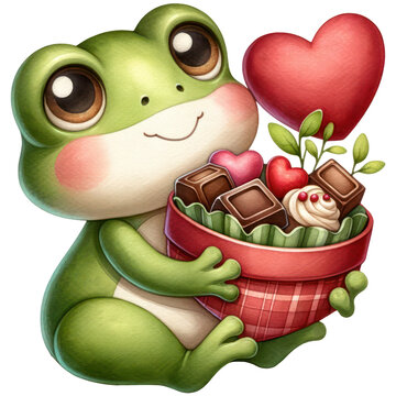 recommend clip art: Cute frog holding a box of chocolate, Happy Valentine's Day, Watercolor, Isolated on transparent background. Generative AI