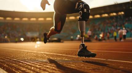 Paralympic Runner with Prosthetic Limb on Track at Sunset