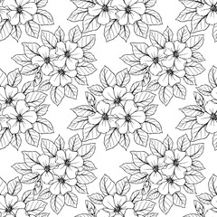 seamless contour pattern of large black flowers on a white background, texture, design - obrazy, fototapety, plakaty