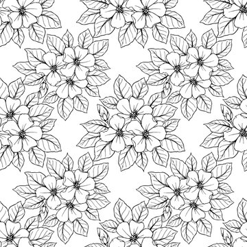 seamless contour pattern of large black flowers on a white background, texture, design
