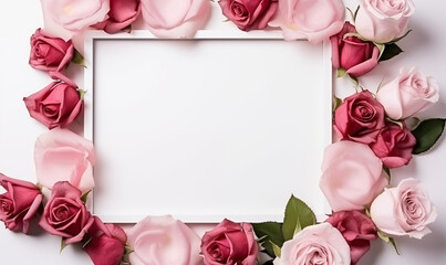 Beautiful rose decorative photo frame, blank frame for pasting. White background. Valentine's Day atmosphere. Mock-up
