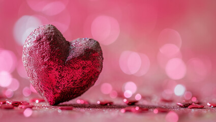 Fototapeta premium Red heart on pink background. One heart-shaped object is located to the side, there is space for text.