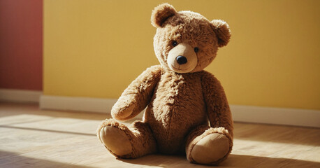 Fototapeta premium Plush Teddy Bear Sitting on Wooden Floor with Warm Sunlight and Yellow Wall Background