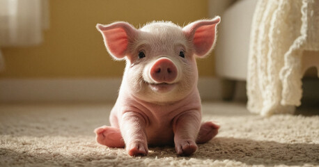 Adorable Pink Piglet Sitting on Carpet Indoors with Soft Sunlight Background