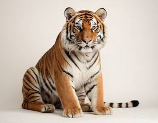 Obraz premium Majestic Bengal Tiger Sitting with Intense Gaze on Neutral Background Wildlife 