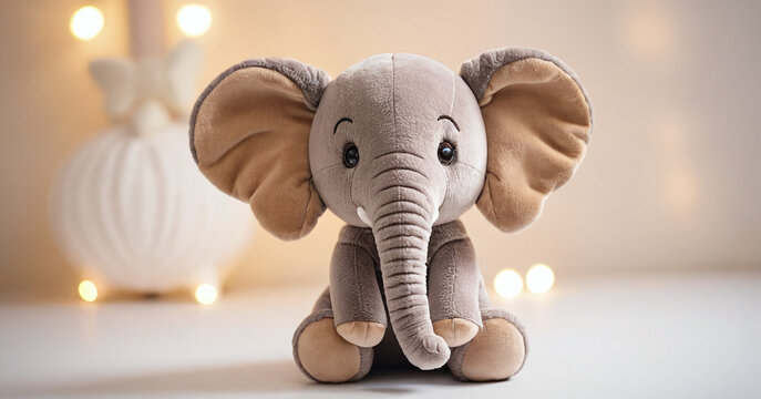 Adorable Plush Elephant Toy with Soft Bokeh Lights in Warm Cozy Home Setting