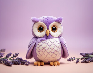 Purple Plush Owl Toy with Lavender Flowers on Pastel Background Cute Nursery Decor and Children's Room Accessory