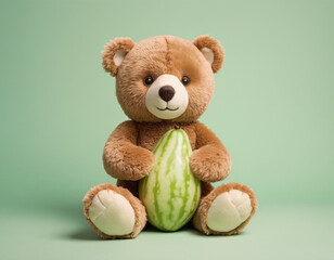 Plush Brown Teddy Bear Holding Watermelon on Soft Green Background Cute Toy 