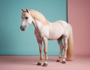 Elegant Palomino Horse Standing Against Pastel Blue and Pink Background in Studio Light Setup - obrazy, fototapety, plakaty