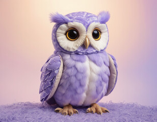 Obraz premium Adorable Purple Owl with Big Eyes Sitting on a Textured Surface with a Soft Pink Gradient Background