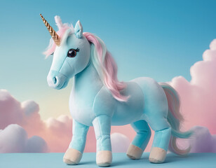 Plush Unicorn Toy with Pink Mane and Golden Horn on a Dreamy Sky Background