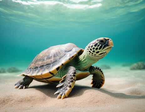 Close Up Sea Turtle Underwater on Sandy Beach with Clear Blue Ocean Background