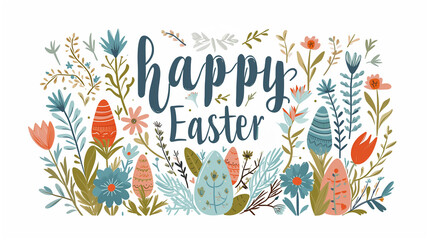 
simple easter illustration in scandinavian style with lettering. "Happy Easter" isolated on white background