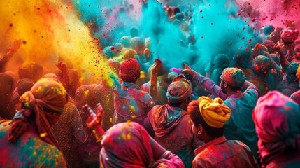 A crowd of Hindus sprinkle each other with paints at the traditional Holi paint festival.