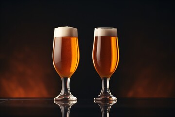 Two beer glasses on table with froth on the top