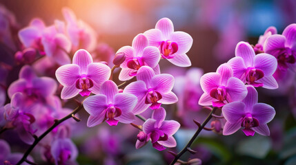 Fototapeta na wymiar Orchid violet flowers closeup at golden hour outdoors