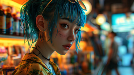 Anime girl with turquoise hair in shopping - obrazy, fototapety, plakaty