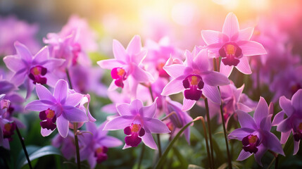 Orchid violet flowers closeup at golden hour outdoors - obrazy, fototapety, plakaty