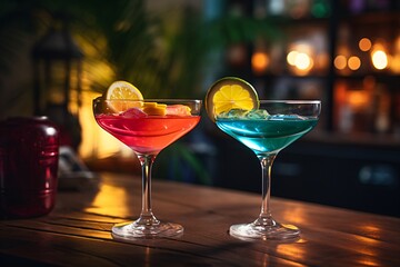 Two cocktails or mocktails glasses on a bar table