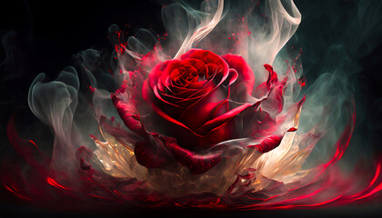 Czerwona róża, czarne tło, dym