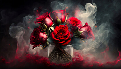 Czerwona róża, czarne tło, dym