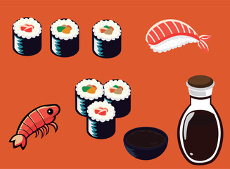 Japanese food, sushi, soy sauce, shrimp and Japanese foods vector pattern illustration